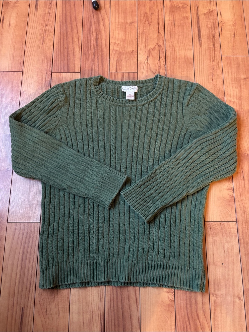 Vintage 100% Cotton Carroll Reed Olive Cable-Knit Crewneck Sweater